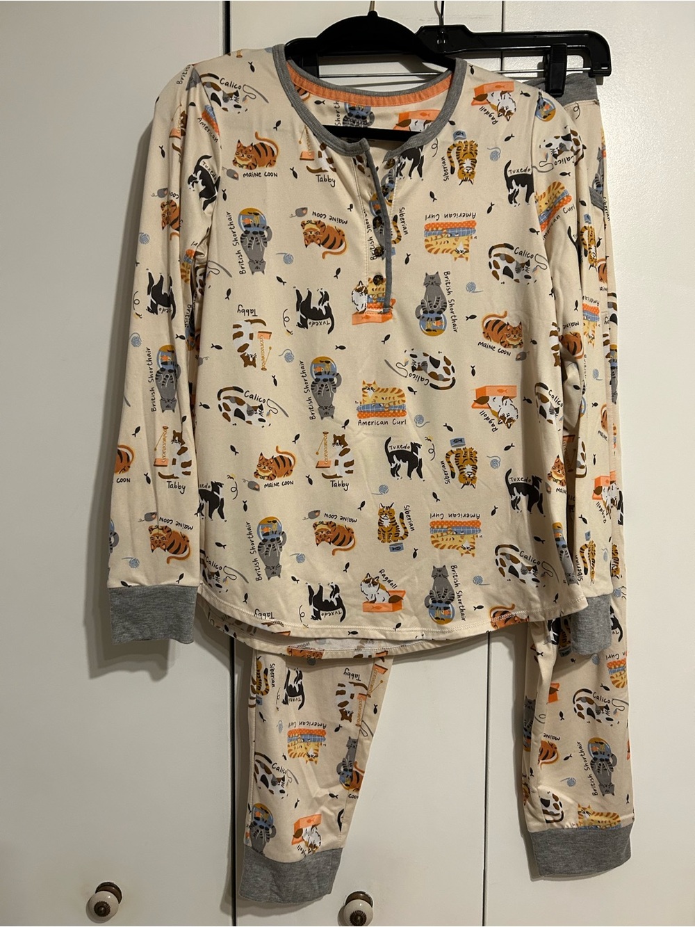 Cuddl Duds Cream Cat Print Pajama Set with Gray Trim and Orange Accents